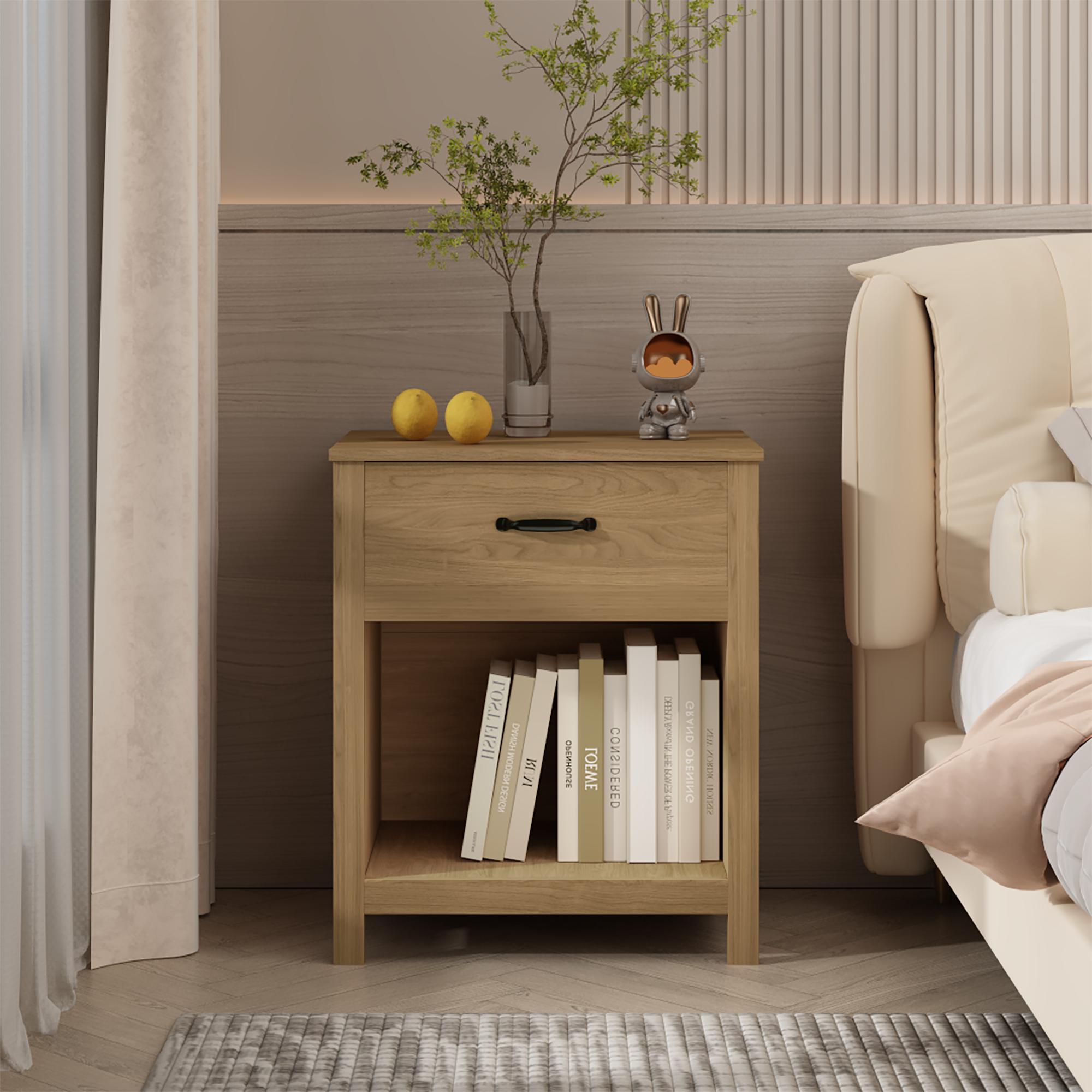 Brown Nightstand End Table Bed Beside Table Storage Sofa Side Table with Drawer, Open Shelf & Natural Wood Finish - ModernLuxe