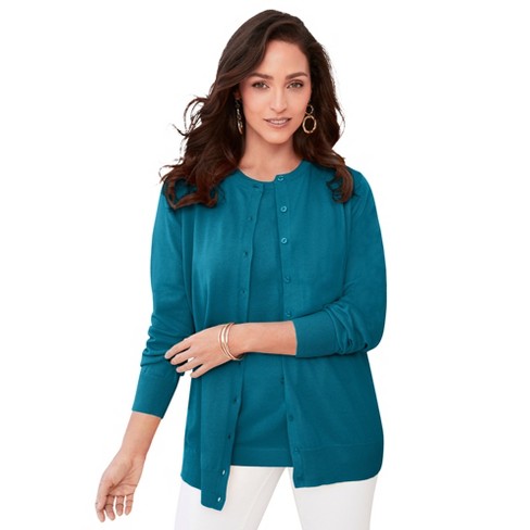 Jessica London Women's Plus Size Fine Gauge Cardigan Long Open Front  Sweater - 12, Emerald Green 