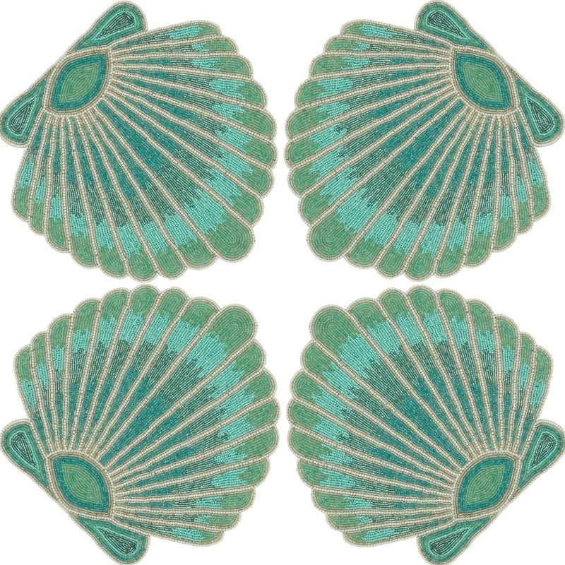 Saro Lifestyle Table Mats with Sea Shell Beaded Design (Set of 4), Blue, 3 of 5
