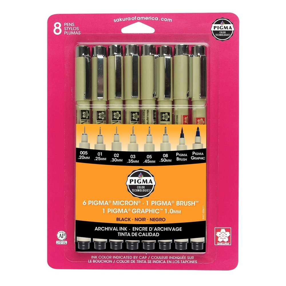 Pigma 8ct Micron Drawing Pens Black Tones - Sakura