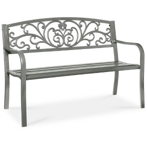 Best Choice Products Outdoor Steel Bench Garden Patio Porch Furniture w/ Floral Design Backrest - 1 of 4