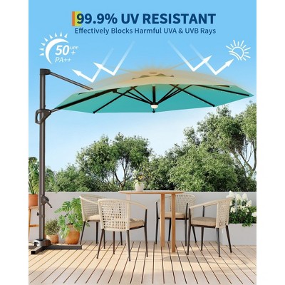 Large Cantilever Patio Umbrella, 10' X 10' Heavy Duty Large Aluminum Outdoor Umbrella with Solar LED Lights & Weighted Base, 360° Rotation