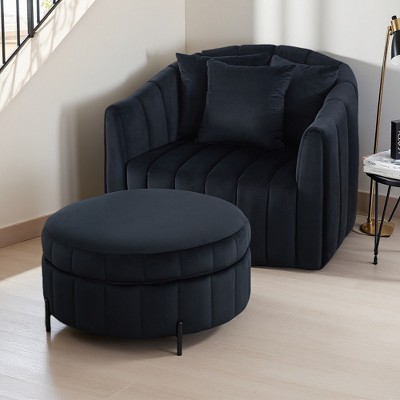 Velvet Oversized Swivel Barrel Chair with Ottoman and Storage