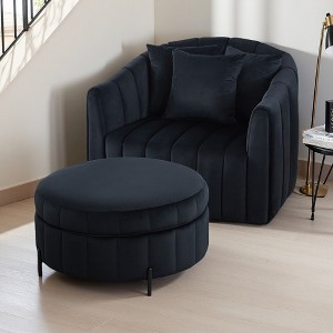 Velvet Oversized Swivel Barrel Chair with Ottoman and Storage - 1 of 3