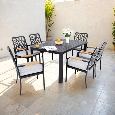 DOMETOUR 7Pcs Patio Aluminum Furniture Set, Modern Dining Set with 6 Dining Chairs, Branch-Like Backrest, Rectangular Table with Umbrella Hole