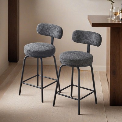 Modern Swivel Bar Stools Set of 2, Boucle Upholstered Counter Height Bar Chairs with Metal Legs & Footrest - Leovsnove