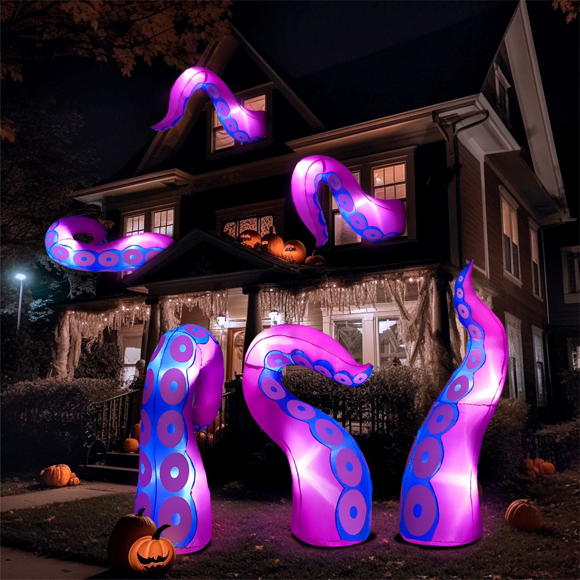 Joyfy 3 Pcs Halloween Inflatable Outdoor Decorations, Purple Octopus Tentacle with Built-in LEDs Broke Out from Window for Halloween Window Roof Decor
