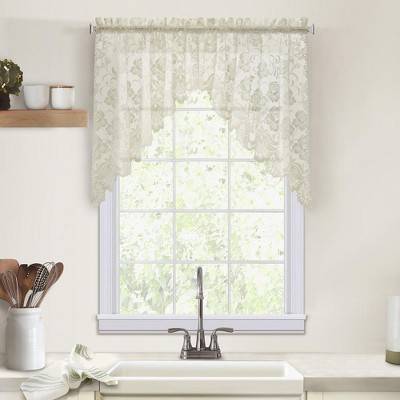 Habitat Limoges Sheer Rod Pocket Delicate Scalloped Bottom Hem Floral Lace Design Swag Valance Set 72" x 32" Ivory