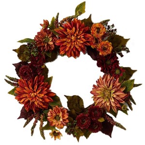 22-Inch Artificial Dahlia and Mum Wreath - Autumn Beauty Wreath for Front Door - 1 of 4