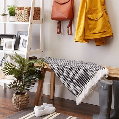 Black and White Cotton Woven Throw Blanket with Fringe
