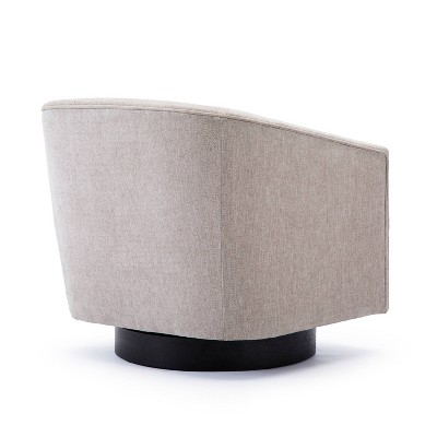 Donovan Oatmeal Fabric and Black Wood Swivel Barrel Chair