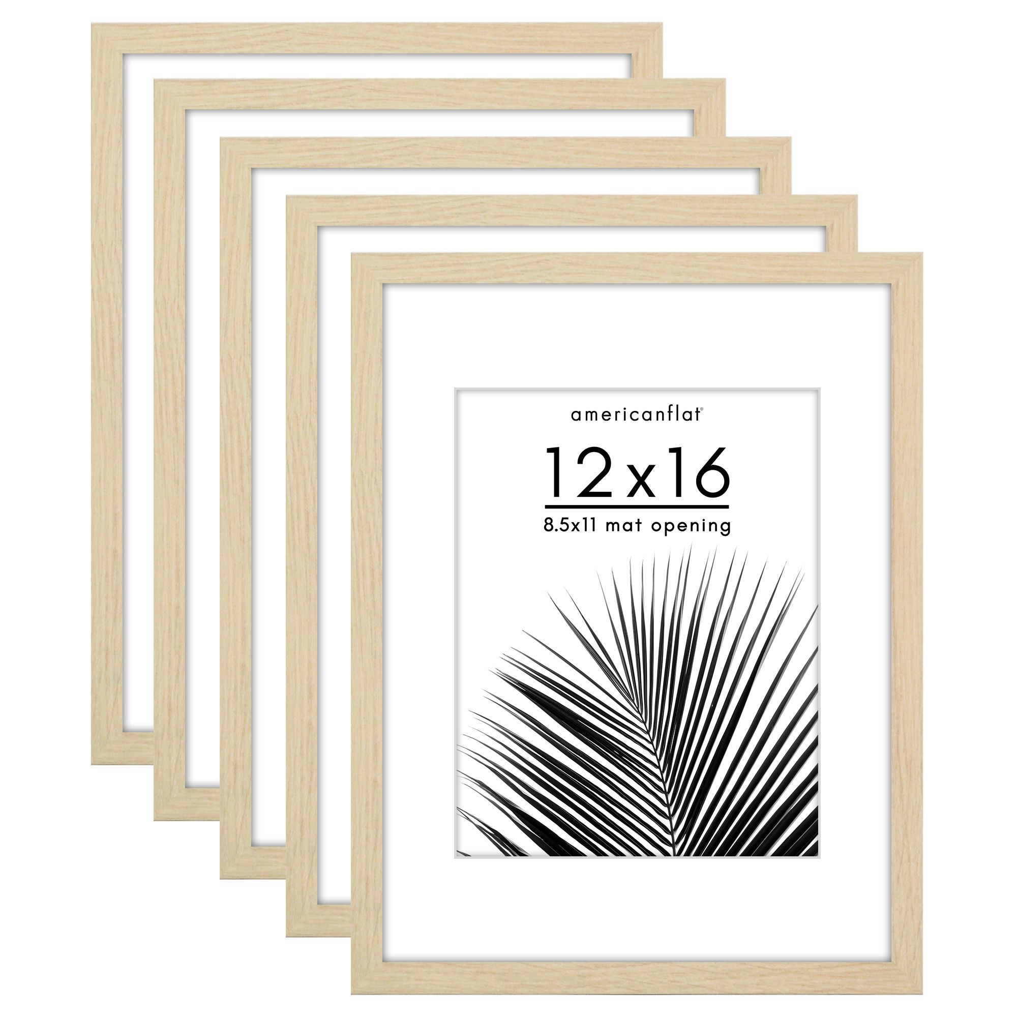 Americanflat 5 Pack of 12x16 Frames with 8.5x11 Mat - Plexiglass Cover - Natural Oak