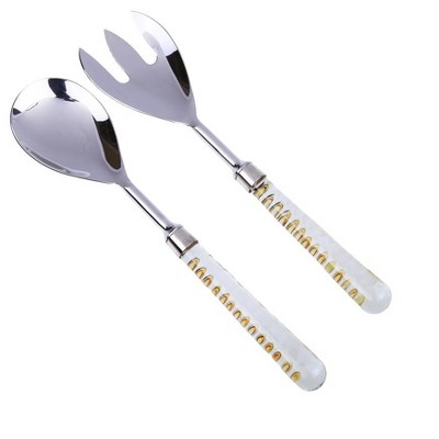 Classic Touch Set of 2 Stainless Steel Salad Servers With Glass Handle And Gold Inserted Design