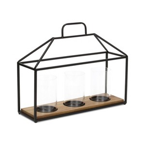 HomeRoots 15" Black Metal Glass And Wood Geometric Three Light Hurricane Candle Holder - 1 of 4