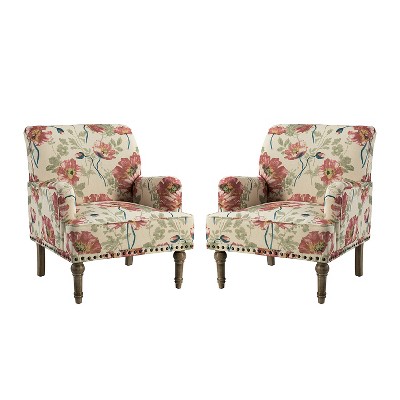 Set of 2 Reggio  Traditional  Wooden Upholstered  Armchair with Floral Patterns and  Nailhead Trim | ARTFUL LIVING DESIGN