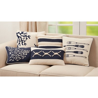 Ivory and Navy Coral Design Cotton Throw Pillow Cover