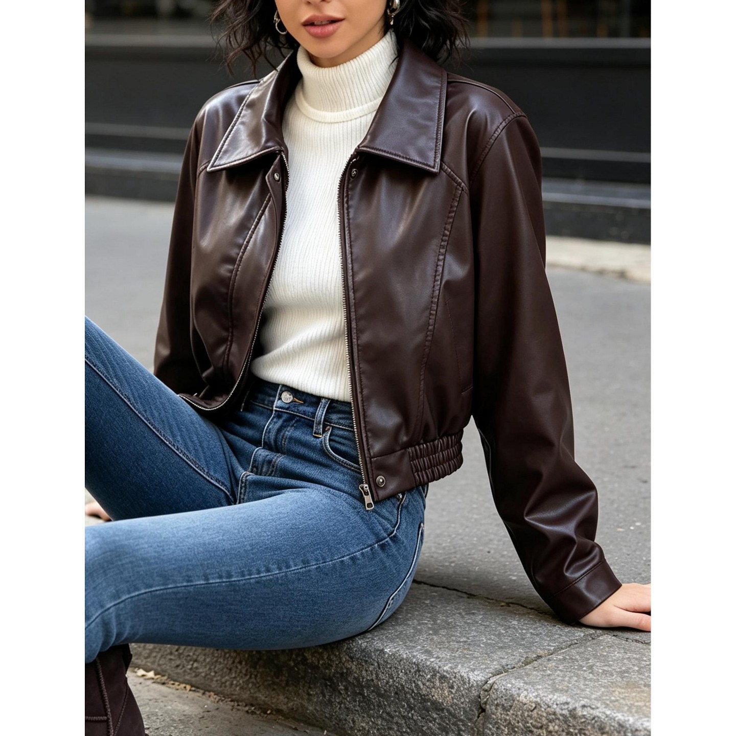 Женская куртка YesFashion Vintage Lapel Zip-Up Cropped Moto Jacket Long Sleeve Short Outerwear Street Casual Layering Top, M, Brown, цвет: Коричневый — фото 4
