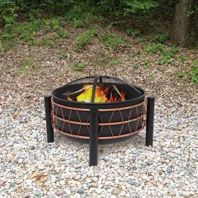 32-Inch Black Steel Fire Pit with Bronze Trapezoid Design