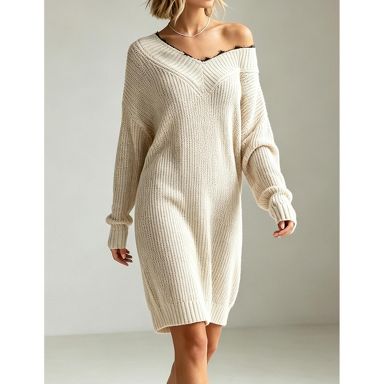 Women V Neck Knit Sweater Dress Long Sleeve Loose Mini Dress with Lace Trim, Khaki, M