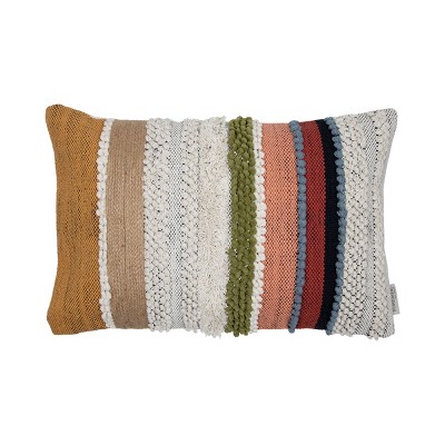 Multicolor Hand Woven 14 x 22 inch Decorative Cotton Throw Pillow Cover With Insert and Hand Embroidered Details - Foreside Home & Garden