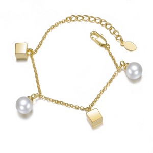 Guili Kids' 14k Gold Plated Bracelet with Cubed Charms and Pearls, Featuring a Classic Link Style for a Trendy Touch - 1 of 2