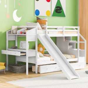 Whisen Twin over Twin Bunk Bed with Storage Staircase, Slide and Drawers, Desk with Drawers and Shelves - 1 of 4