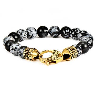 Crucible Men's Snowflake Agate Stone Bead Antiqued Lobster Clasp Bracelet (10mm) - 8"