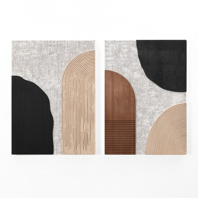 LuxenHome 2-Pc Earth Tone Abstract Rectangular Wood Wall Decor Set Multicolored