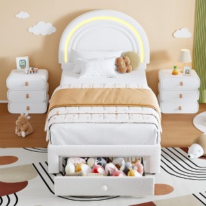 Twin Upholstered LED Bed Frame with Storage Drawer, Rainbow Headboard, Berber Fleece Princess Platform Bed for Kids, White - 1 of 4