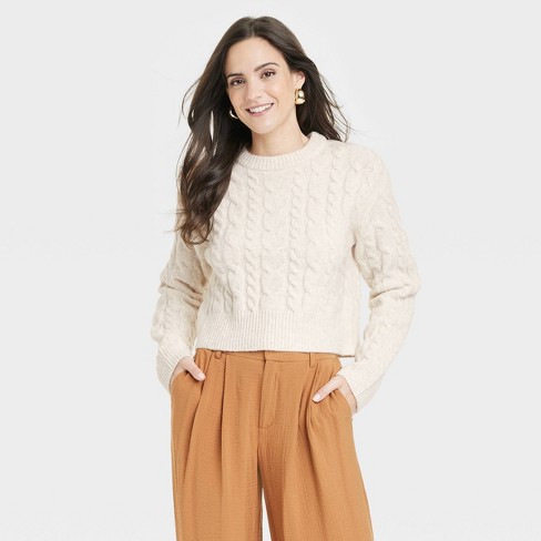 Women's Plus Size Crewneck Pullover Sweater - A New Day™ Cream 1X