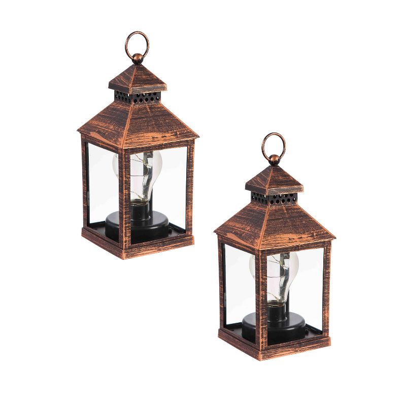 Evergreen Garden Outdoor Decor 8.5"H Battery Operated Twinkling Light Bulb Lantern, Brushed Bronze; Set of 2, 1 of 5