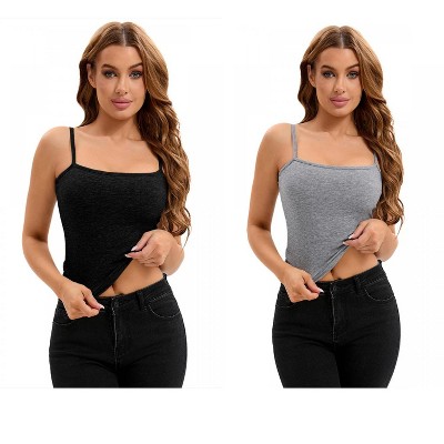 INSPIRE CHIC 2 Pcs Women's Ribbed Basic Undershirts Unadjustable Spaghetti Strap Camisoles