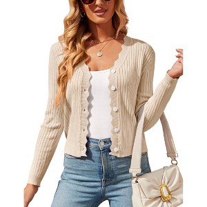 Womens Lightweight Knit Cardigan V Neck Long Sleeve Front Button Down Elegant Shrugs for Dresses,Beige - M - 1 of 4