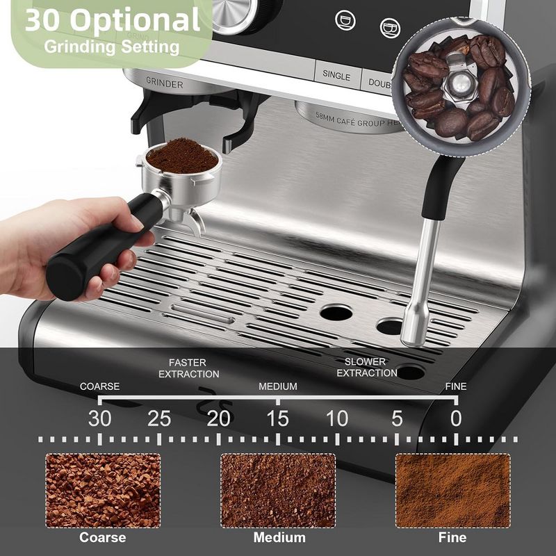 Semi-Automatic Espresso Coffee Machine With Grinder & Steamer Wand & Water Tank, 4 of 7