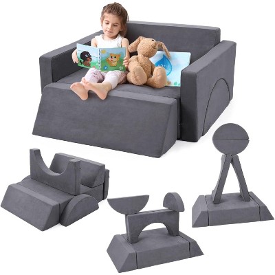 7Pcs Kids Play Couch Modular Sofa, Convertible Toddler Couch with Plush Suede Covers, Multifunctional Soft Foam Cushions for Toddler & Kids