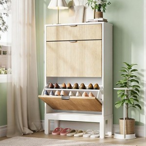 Shoe Cabinet Storage for Entryway, Freestanding Shoe Organizer with 2 Flip Fluted Doors and 1 Drawer - 1 of 4