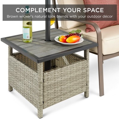 Elegant Grey Rattan Wicker Outdoor Side Table with Umbrella Hole