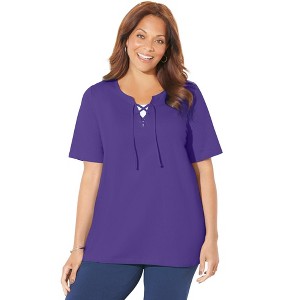 Catherines Women's Plus Size Suprema Lace-Up Tee - 1 of 4