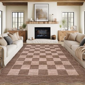 Checkered Rug Washable Rug for Living Room Non Slip Indoor Scalloped Printed Carpet Low Pile Neutral Rugs Soft Floor Cover for Bedroom Nursery - 1 of 4
