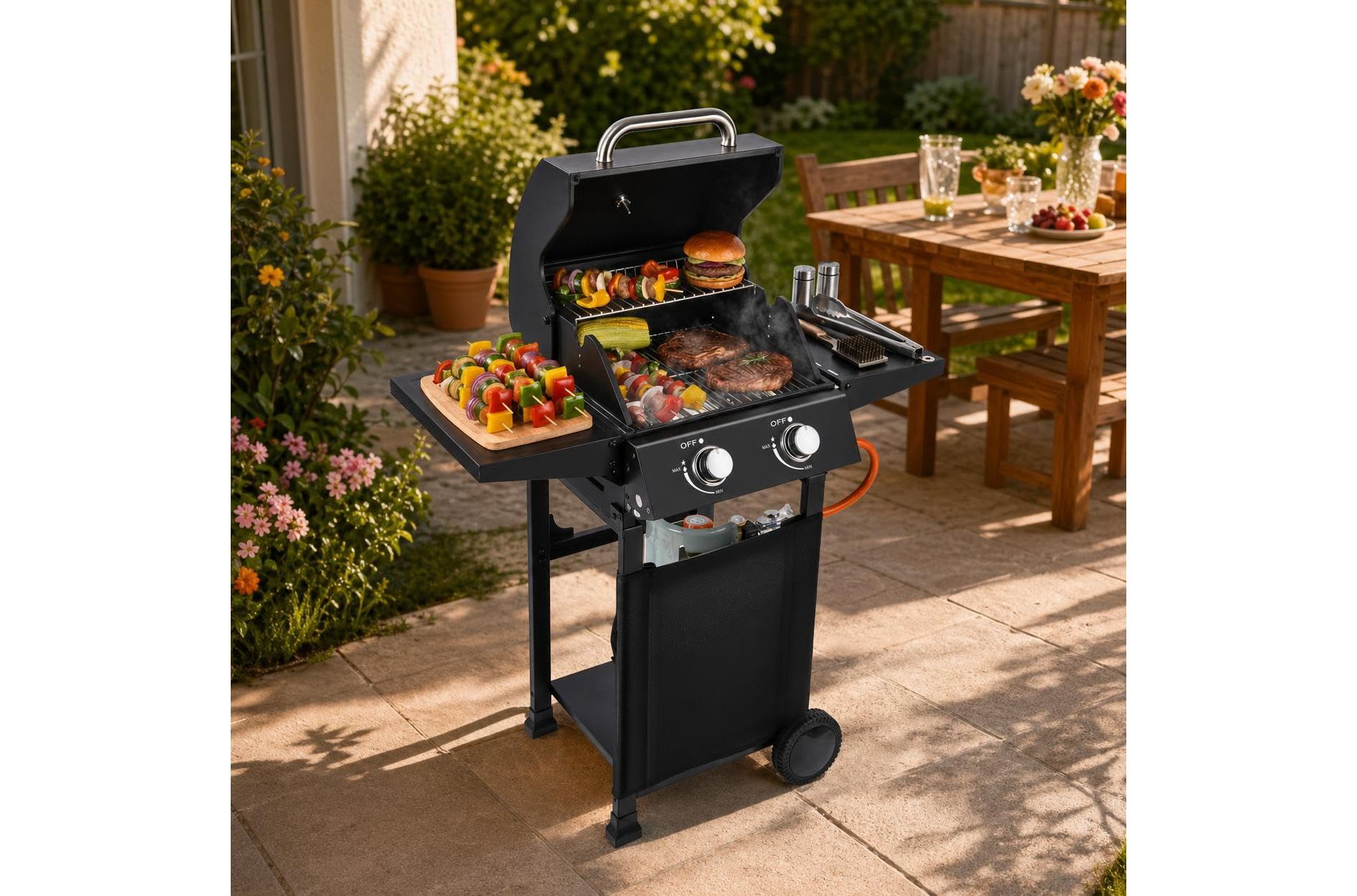 Outdoor Propane Gas Grill Griddle, 2 or 4 Disposables, 389 Sq.In Flat Top, Convertible Stand Tabletop for Backyard Patio Camping