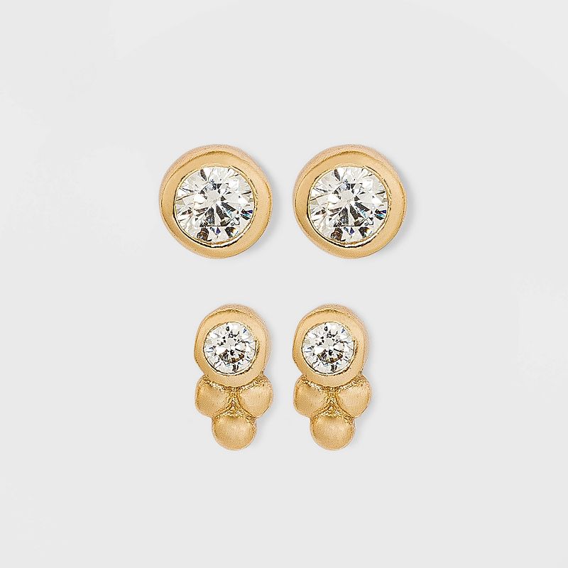 14K Gold Plated Cubic Zirconia Triple Circle Stud Earring Set 2pc - A New Day&#8482;, 1 of 4