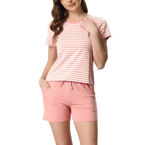 Cheibear Women's Sleepwear Short Sleeve T-shirt With Shorts Stripe