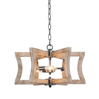 LNC Quaint 3-Light 18" Farmhouse Drum Small Chandelier, Brushed Black and Distressed  Grayish White Wood