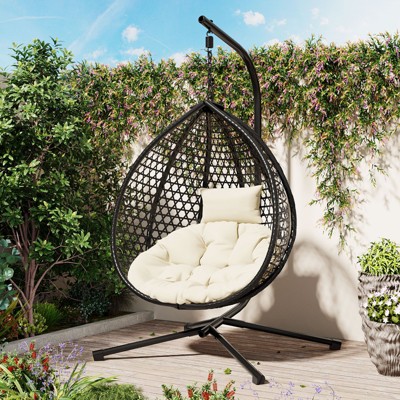 VisioGear Egg Chairs, Patio Egg Chair with Stand, Patio Hanging Egg Chair for Bedroom Living Room Balcony, Beige & Black, 42.13"*39"*76.77"