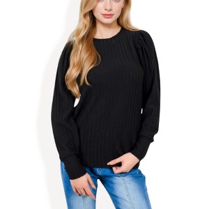 Anna-Kaci Women's Long Sleeve Ribbed Knit Sweater with Gathered Shoulders - 1 of 4