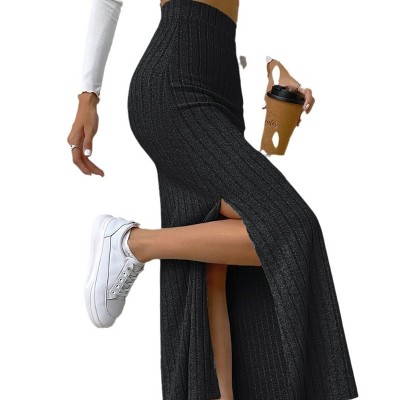 Women's Split Ribbed Knit Bodycon Maxi Skirt High Waisted Side Slit Pencil Long Skirts
