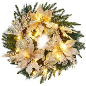 24 Inch Christmas Wreath for Front Door, Pre-Lit Xmas Wreath with Gold Ball Ornaments, Artificial Flower Leaves, Artificial Christmas Wreath - 1 of 4