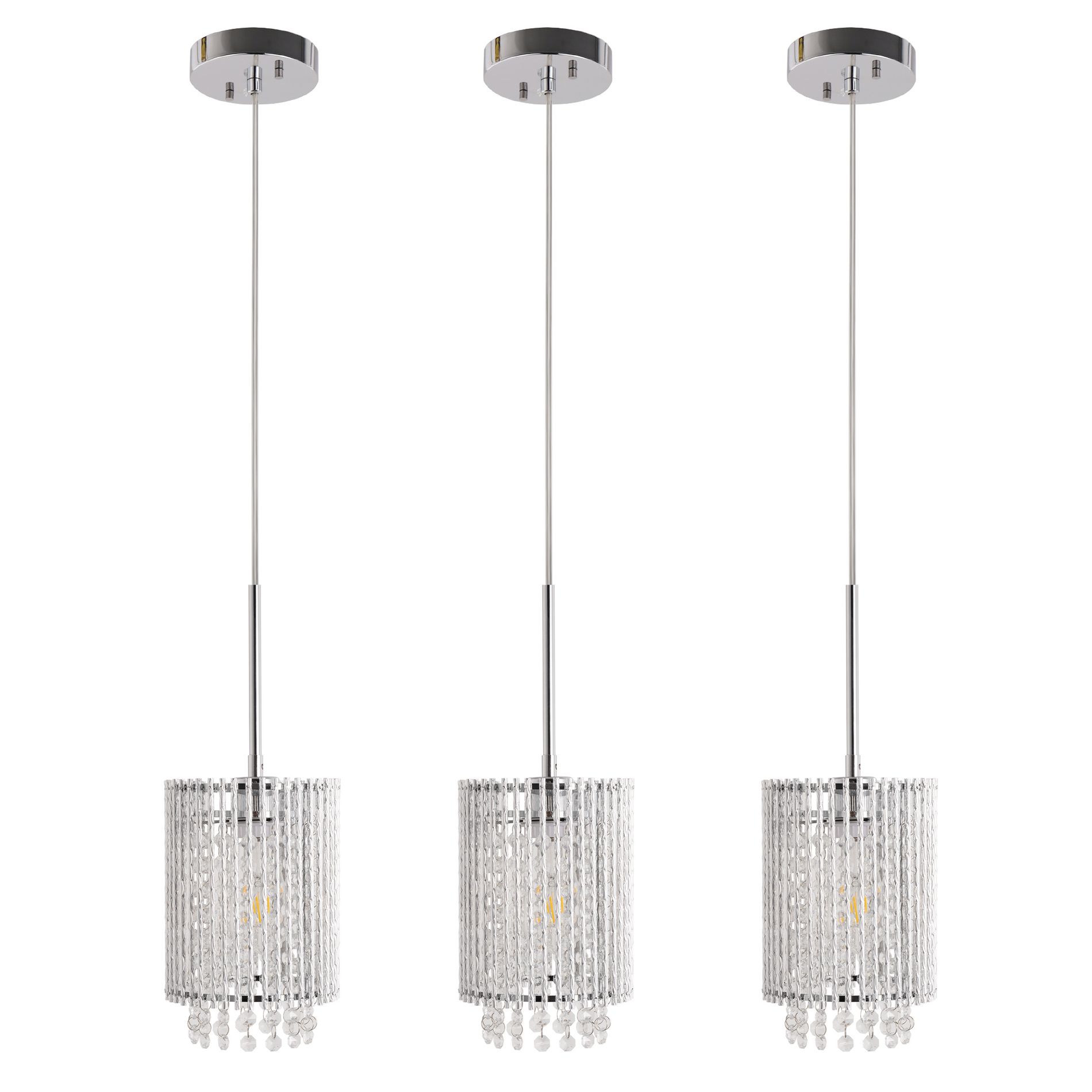 DORESshop 6 in. 1-Light (Set of 3) Brushed Nickel Crystal Modern Farmhouse Pendant Light Hanging Lamp Kitchen Island Dining Room