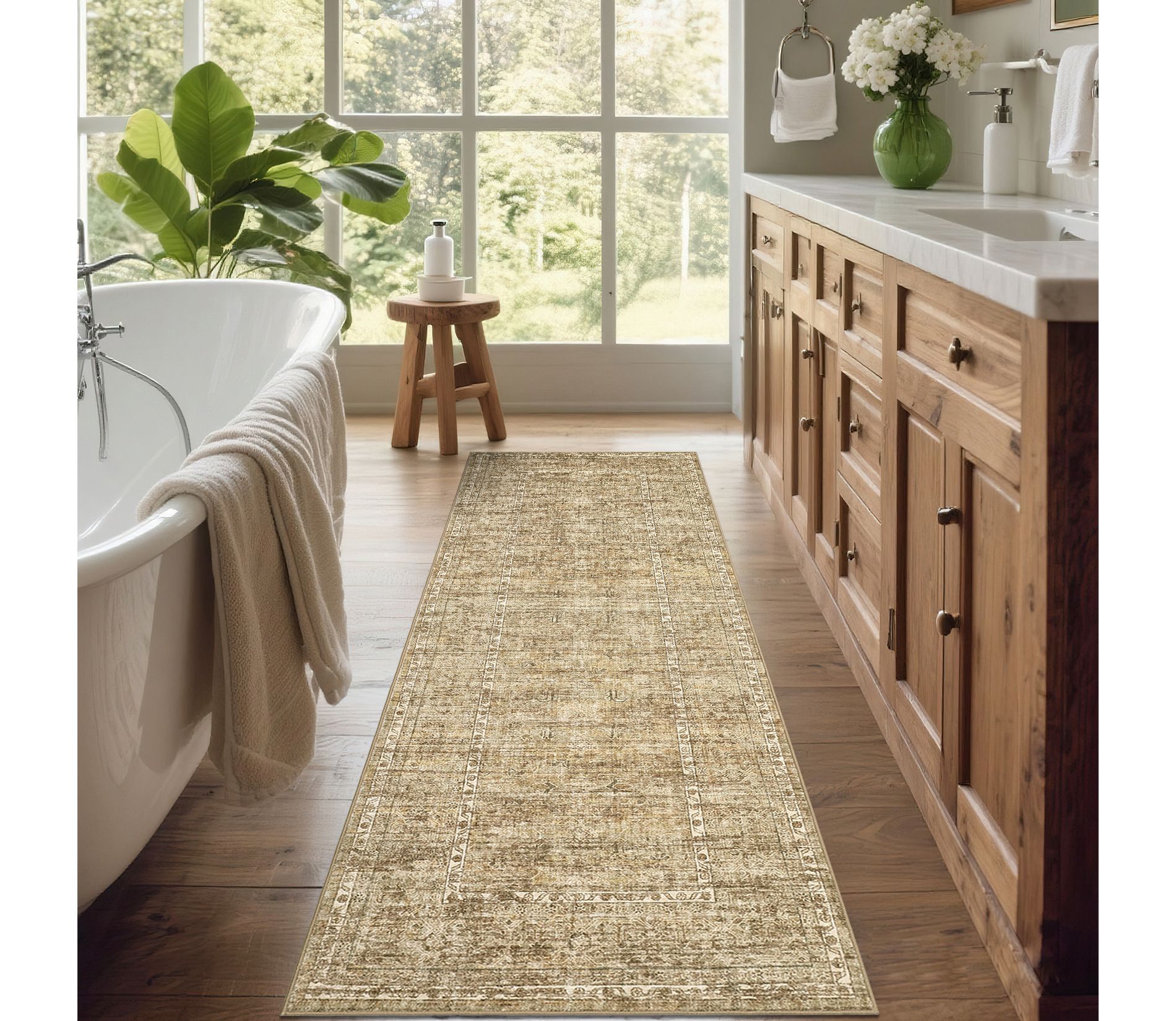 Vintage Rug for Living Room Washable Floral Print Bedroom Carpet, Non-Slip Oriental Distressed Floor Mat