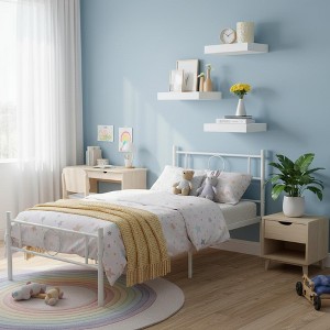 FurnitureR Metal Twin Bed Frame with Headboard + 3 Floating Wall Shelves, Sturdy Steel Platform Bed Set with Storage Space, No Box Spring Needed - 1 of 4